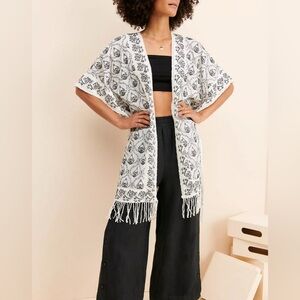 Anthropologie Printed Fringe Duster cardigan women’s size M/L